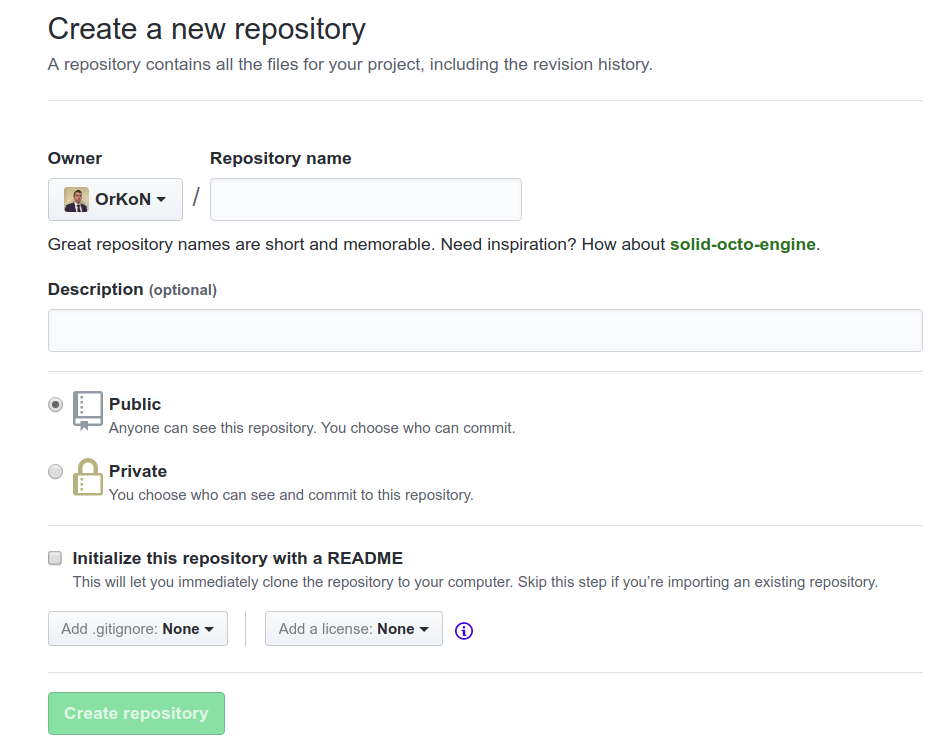 screenshot of the page create new repository